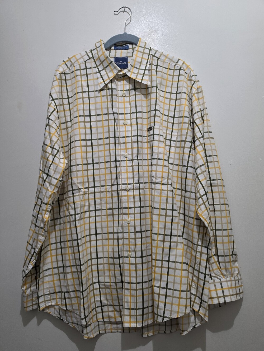 Faconnable Men's White Shirt with Yellow & Olive Windowpane Check Xl